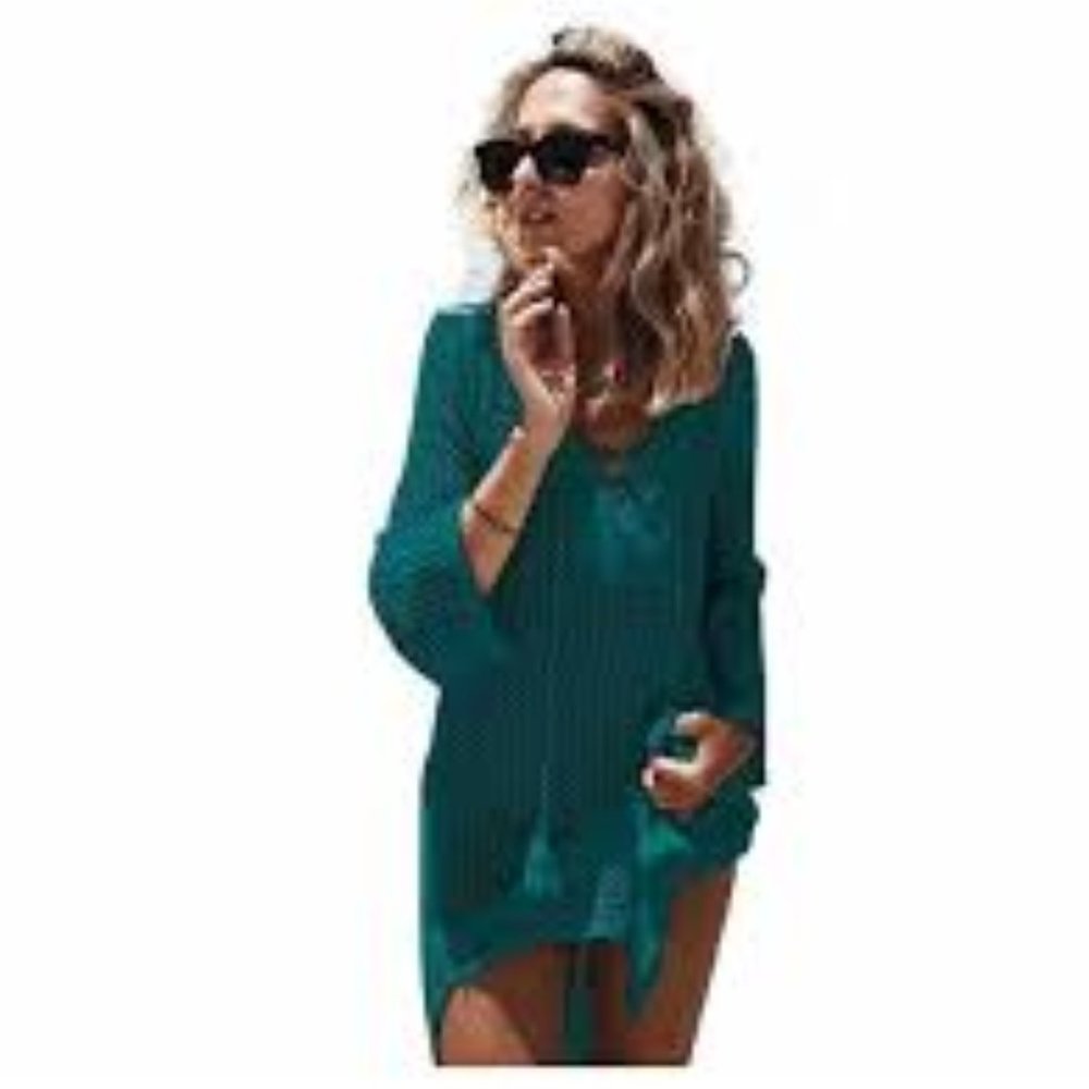 NFASHIONSO Women's Swimwear Crochet Tunic Beach Cover Up Peacock Blue Size: OS